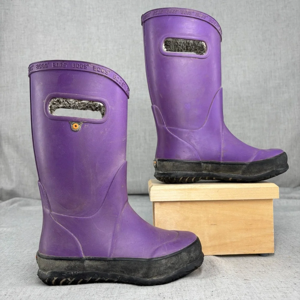 Bogs Kids Rain Boots Plush Purple Rubber Waterproof Insulated Winter Size 12
